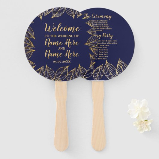 Huwelijksprogramma Fan Navy Gold Wedding Leaf Handwaaier (Voorkant en achterkant)