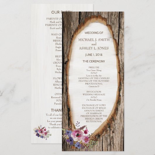 Huwelijksprogramma met boomstronk en bloemen programma (Voorkant / Achterkant)