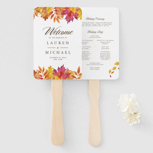 Huwelijksprogramma met vallende bladeren en krans  handwaaier (Voorkant en achterkant)