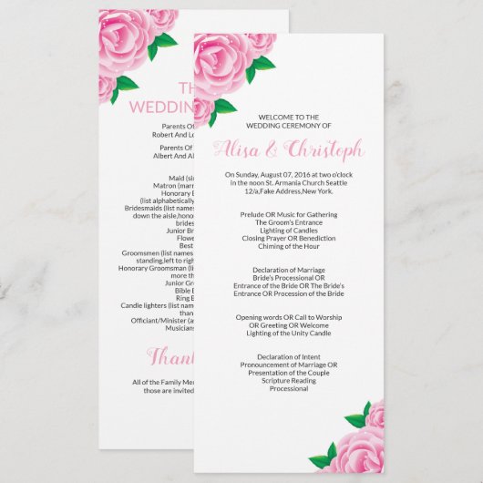 Huwelijksprogramma-sjablonen voor ceremonie programma (Voorkant / Achterkant)