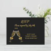 Huwelijksreactie zwart en gouden champagneglazen kaart (Staand voorkant)