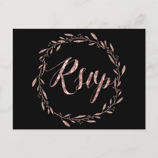 Huwelijksreactiekaart Rozen Goud Folie Krans Zwart Uitnodiging Briefkaart (Voorkant)