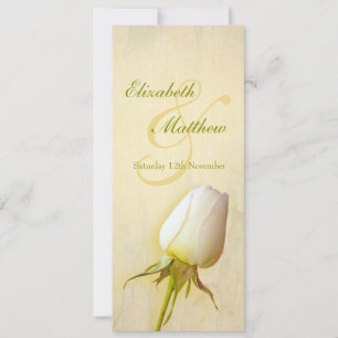 Huwelijksreceptie diner menu met witte roos knop kaart