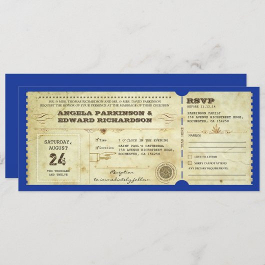 huwelijksreis -  ticket - uitnodiging met rsvp - o (Voorkant / Achterkant)