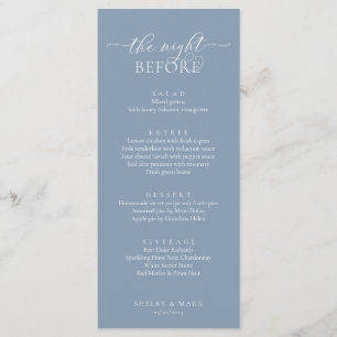 Huwelijksrepetitie diner, romantisch stoffig blauw menu