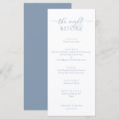 Huwelijksrepetitie diner, romantisch stoffig blauw menu (Voorkant / Achterkant)