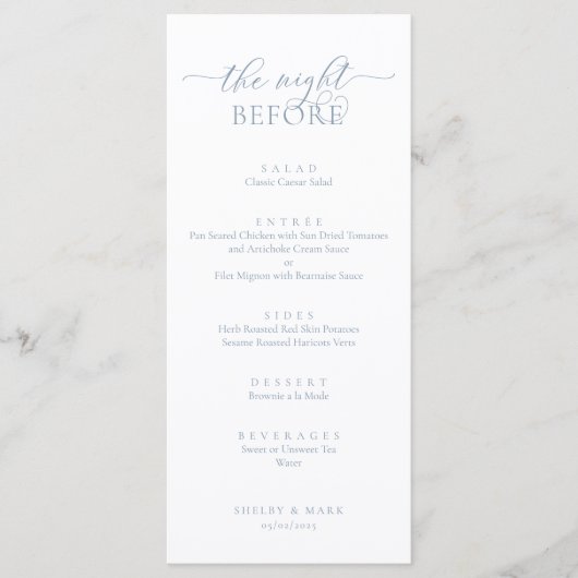 Huwelijksrepetitie diner, romantisch stoffig blauw menu (Voorkant)