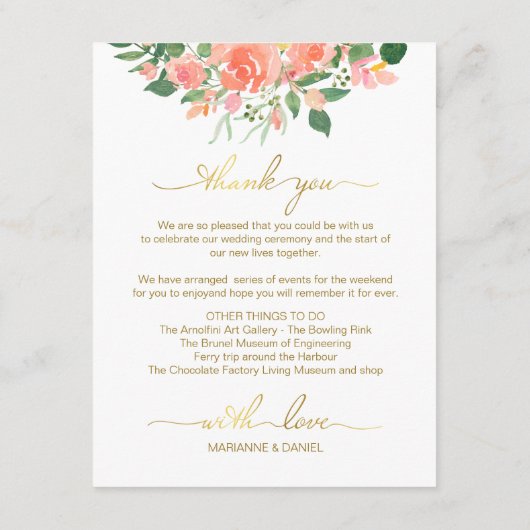 Huwelijksroute Gouden Script met Roze Rozen Informatiekaartje (Achterkant)