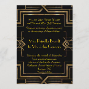 Huwelijksuitnodiging black&gold, great-Gatsby, scr Kaart