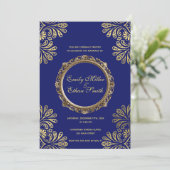 Huwelijksuitnodiging Blauw Goud Abstract Bloemen Kaart (Staand voorkant)