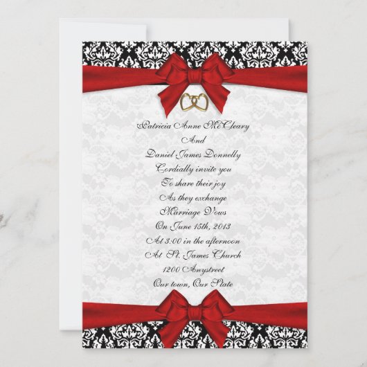 Huwelijksuitnodiging elegant Damask met rode boog Kaart (Voorkant)