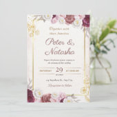 Huwelijksuitnodiging met Bourgogne en Blush Flower Kaart (Staand voorkant)