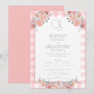 huwelijksuitnodiging Monogram Coral Gingham Flor Kaart