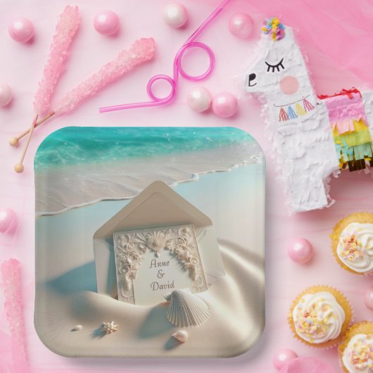 Huwelijksuitnodiging op het strand zand papieren bordje (Feest)