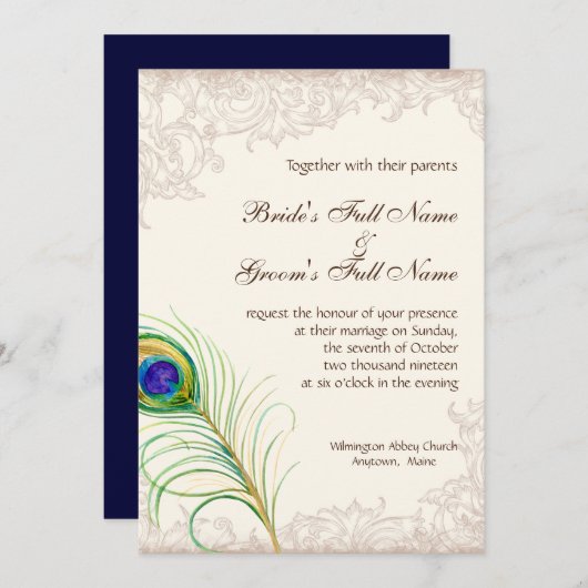 Huwelijksuitnodiging pauwenveer geëtst kaart (Voorkant / Achterkant)