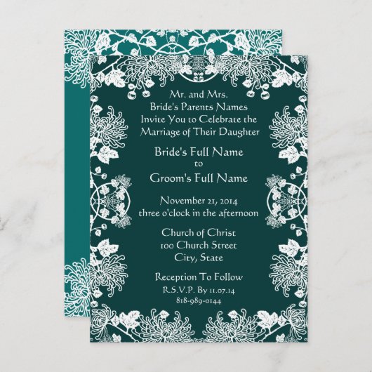 Huwelijksuitnodiging Wit op SeaBlue Flower Uitnodiging Briefkaart (Voorkant / Achterkant)