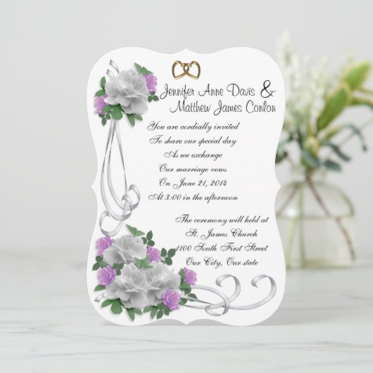 Huwelijksuitnodiging Witte en lavendel rozen Kaart (Staand voorkant)