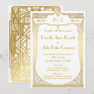 Huwelijksuitnodigingskaart, Great Gatsby, goud wit Kaart
