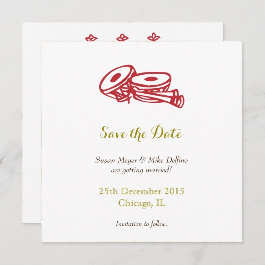 Huwelijksuitnodigingskaart rode goudkleurige 'Save Kaart (Voorkant / Achterkant)