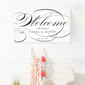 Huwelijkswelkom Elegant Script Zwart en Wit Spandoek (Insitu)