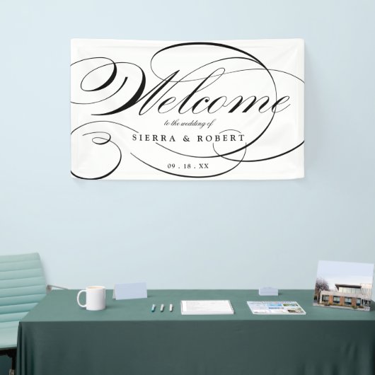 Huwelijkswelkom Elegant Script Zwart en Wit Spandoek (Beurs)
