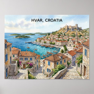 Hvar Kroatië Aquarel Panorama Uitzicht Reis Poster