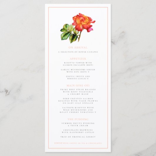 Hybride thee roos sinaasappel waterverf bruiloft m menu (Voorkant)