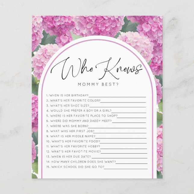 Hydrangea Baby shower Wie kent mama spelletjes (Voorkant)