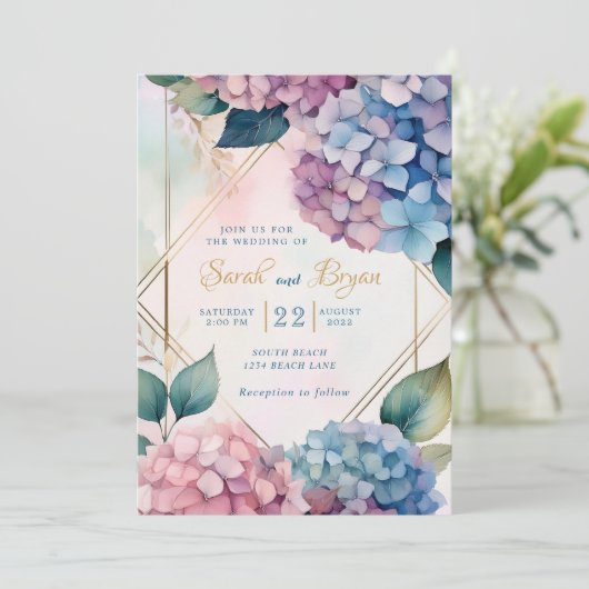 Hydrangea bleu rose Faire-part de mariage Floral (Debout devant)