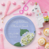 Hydrangea Bloom Blue Wood Grain Weddenschap Papieren Bordje (Feest)