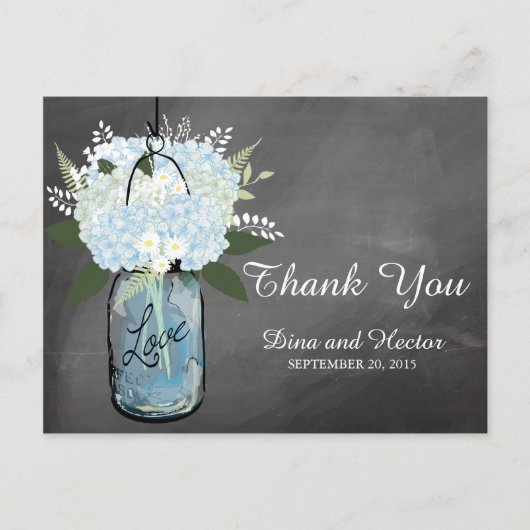 Hydrangea Blue Mason Jar Chalkboard | Dank u Briefkaart (Voorkant)