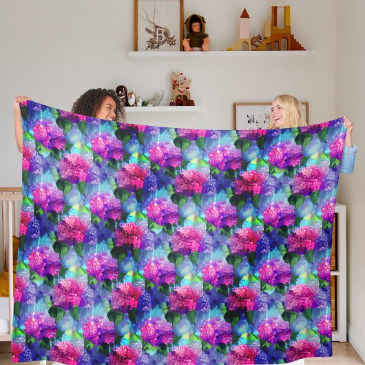 Hydrangea Blue Pink Floral Fleece Blanket Deken