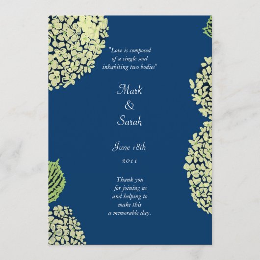 Hydrangea Blueberry Wedding Programme (Devant)