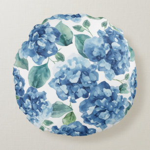 Hydrangea Blues Waterverf Bloemen Bloem Patroon Rond Kussen