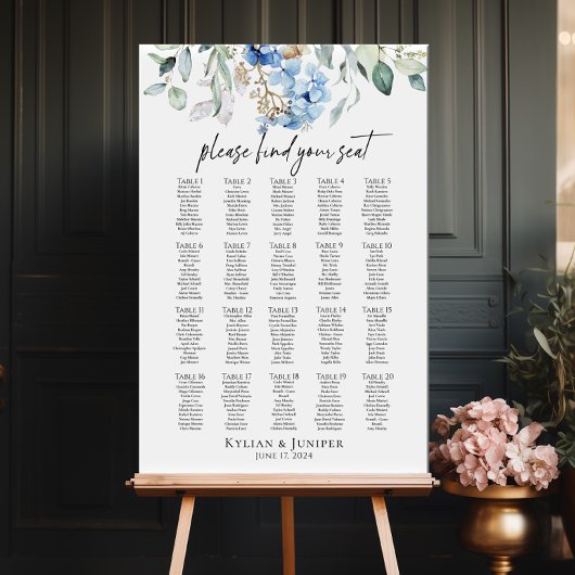 Hydrangea bruiloft zitplaatsen grafiek 20 tafels poster