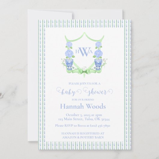 Hydrangea Chinoiserie Topiary Monogram Baby shower Kaart (Voorkant)