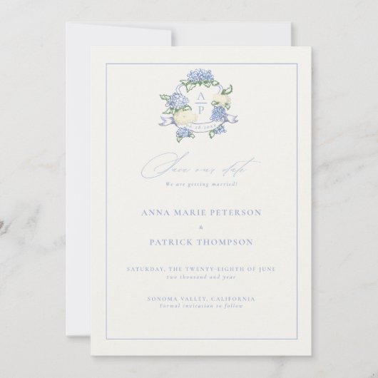 Hydrangea Crest Blauw Elegant Lijst Fotobruiloft Save The Date (Voorkant)