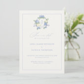 Hydrangea Crest Blauw Elegant Lijst Fotobruiloft Save The Date (Staand voorkant)
