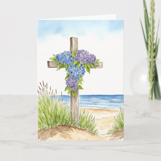 Hydrangea Cross Easter Religious Watercolor Feestdagen Kaart (Voorkant)