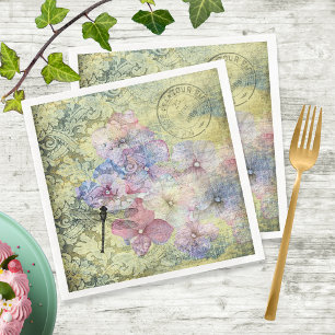 Hydrangea Dragonfly Postmark Ephemera Decoupage Servet