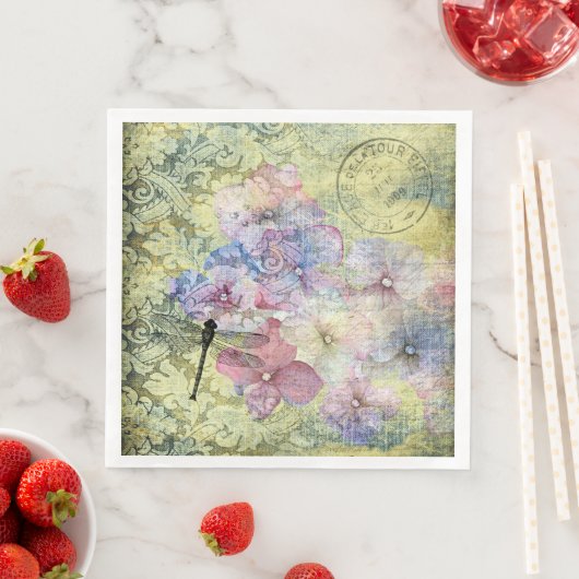 Hydrangea Dragonfly Postmark Ephemera Decoupage Servet (Insitu)