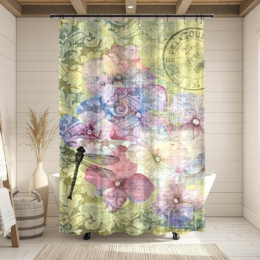 Hydrangea Dragonfly Postmark Ephemeral Douchegordijn