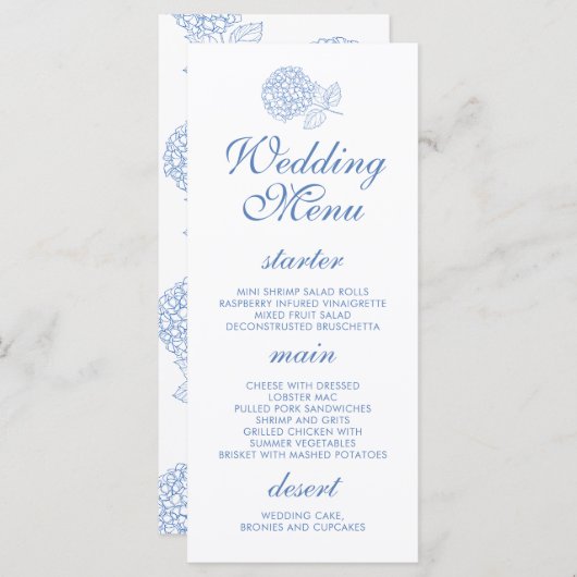 Hydrangea Dusty Blue Floral Modern Wedding Menu (Voorkant / Achterkant)
