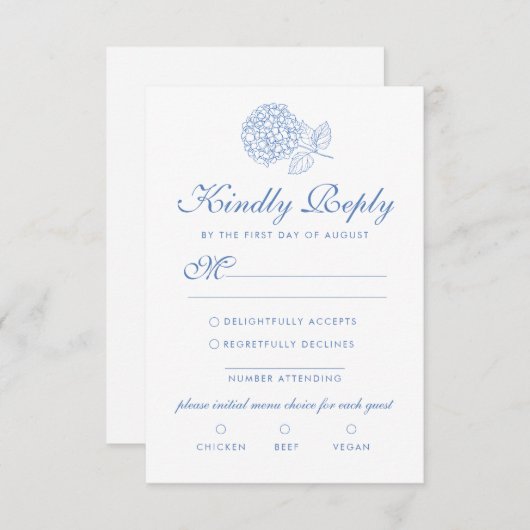 Hydrangea Dusty Blue Floral Modern Wedding RSVP Kaartje (Voorkant / Achterkant)