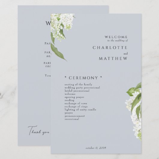 Hydrangea Dusty Programme de mariage bleu (Devant / Derrière)