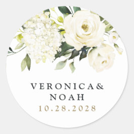 Hydrangea Elegant White Gold Roos Floral Wedding Ronde Sticker