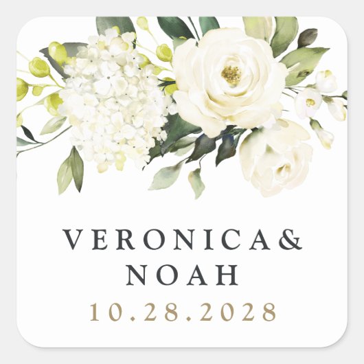Hydrangea Elegant White Gold Roos Floral Wedding Vierkante Sticker (Voorkant)
