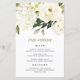 Hydrangea Elegant White Gold Wedding Menu Kaarten