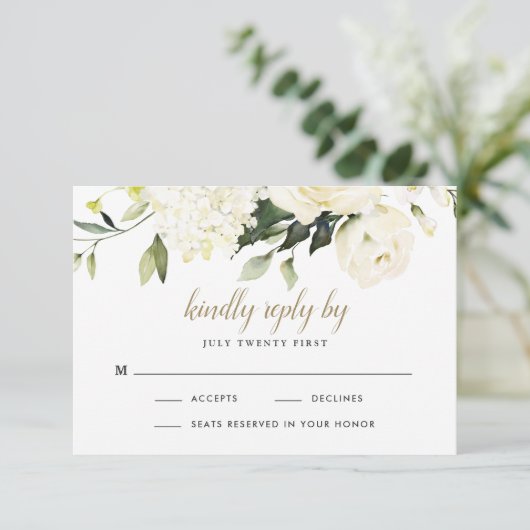 Hydrangea Elegante Wit Gouden Roze Bloem Bruiloft RSVP Kaartje (Staand voorkant)