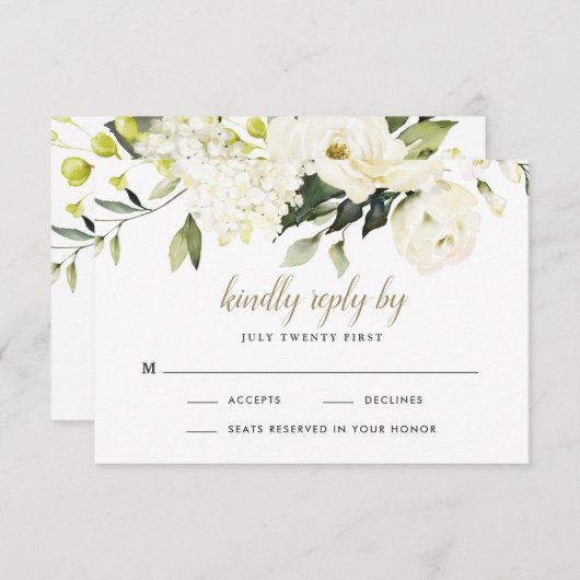 Hydrangea Elegante Witte Gouden Roze Bloemige Trou RSVP Kaartje (Voorkant / Achterkant)